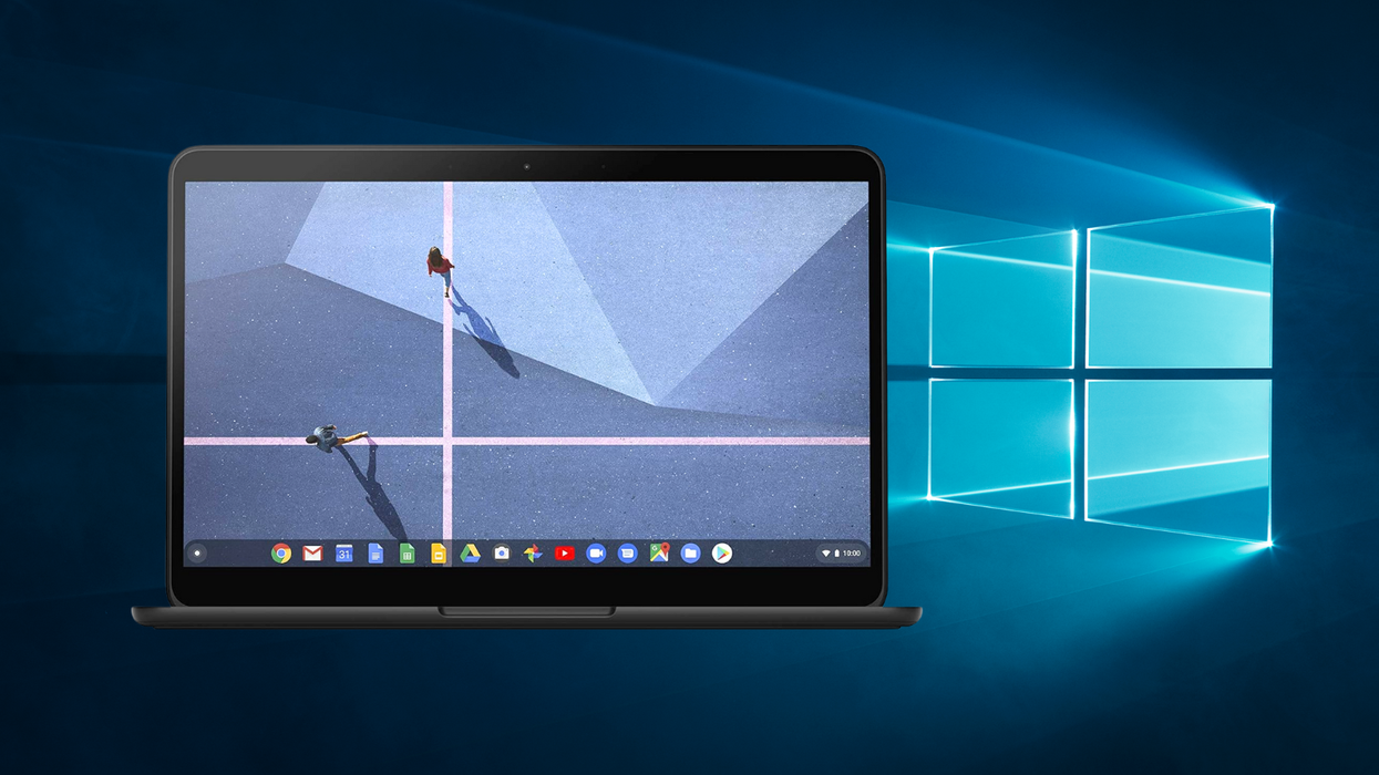 a pixelbook go pictured on the left side of the screen with the default windows 10 wallpaper in the background
