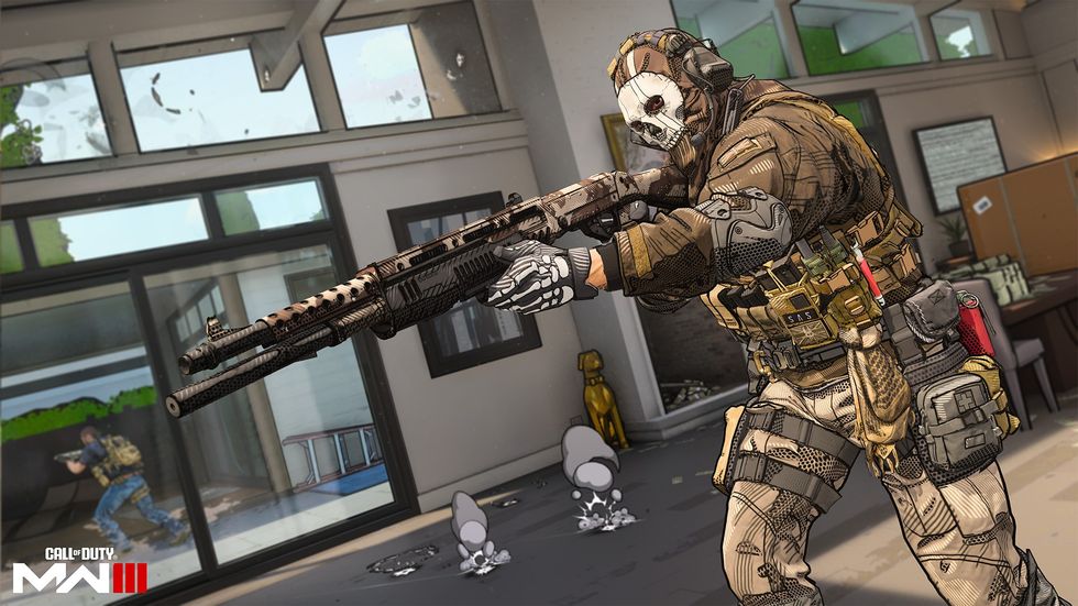 a player holds a gun out in a cel-shaded art style during gameplay