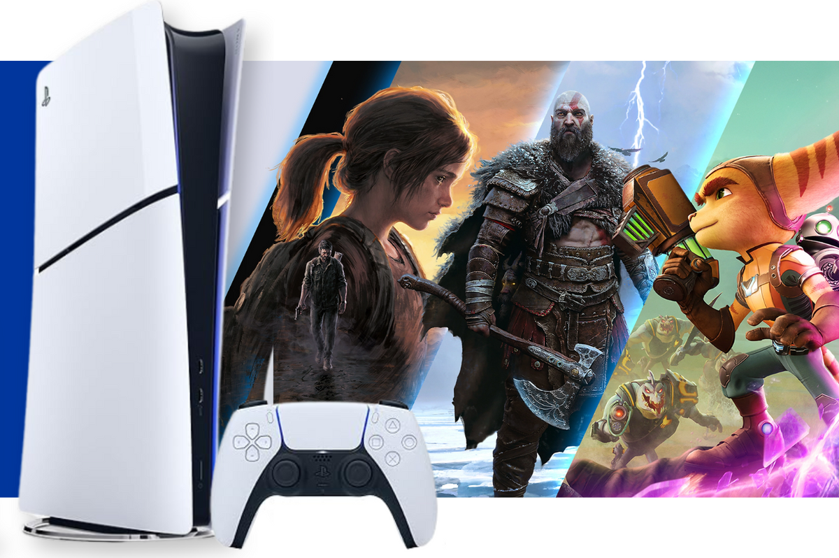 a playstation 5 console is pictured on the left side of the image, with a banner of some of the biggest franchises exclusive to the sony platform running behind it 