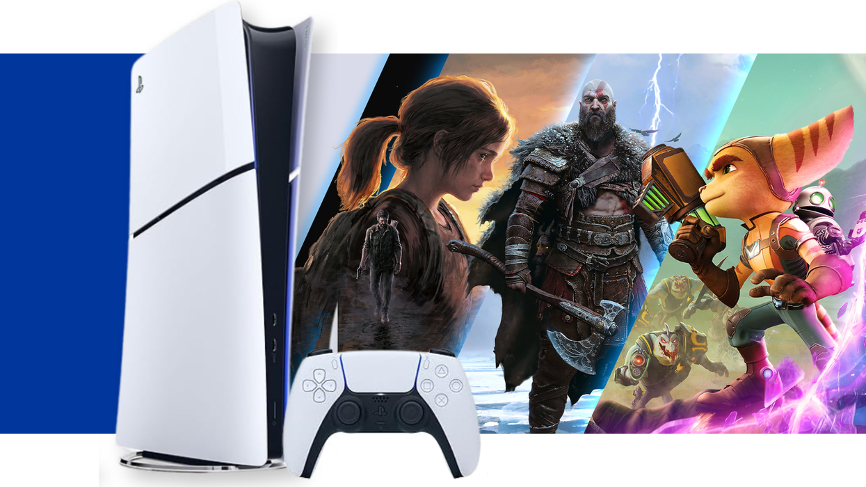 a playstation 5 console is pictured on the left side of the image, with a banner of some of the biggest franchises exclusive to the sony platform running behind it