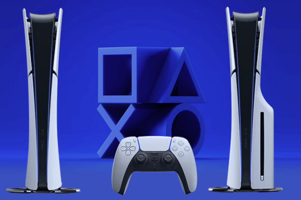 a playstation 5 logo is pictured behind the redesigned slim sony ps5 console and the digital version of the console 