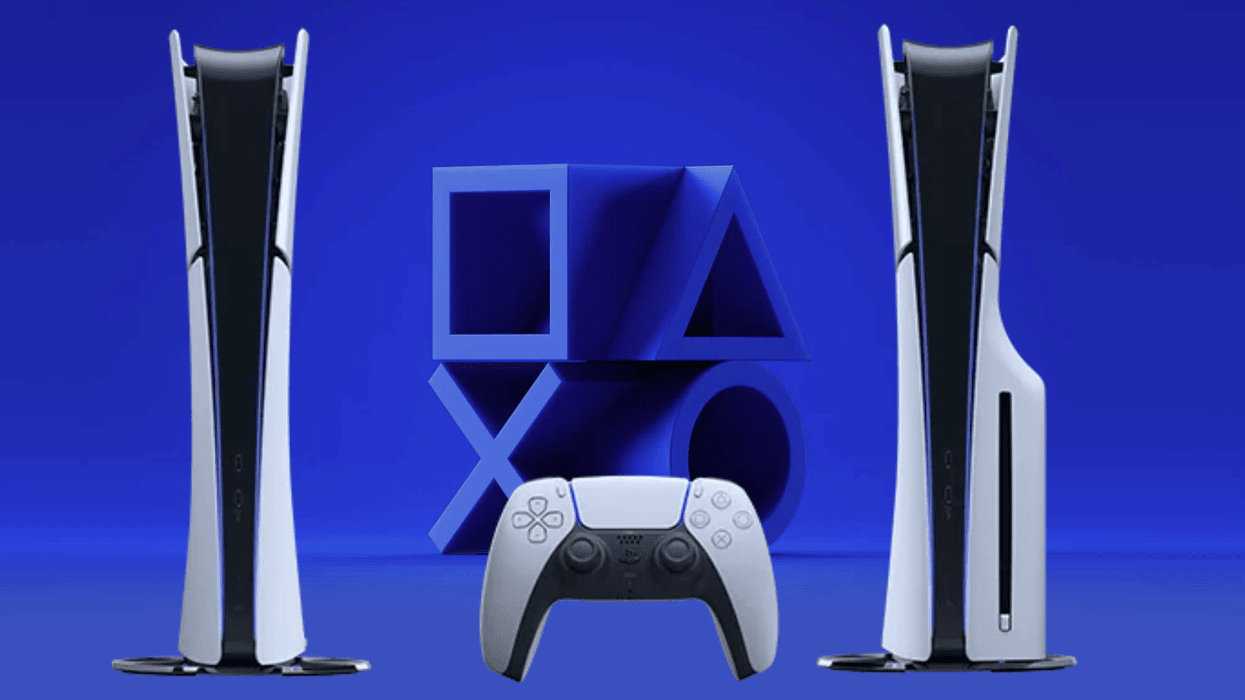 a playstation 5 logo is pictured behind the redesigned slim sony ps5 console and the digital version of the console