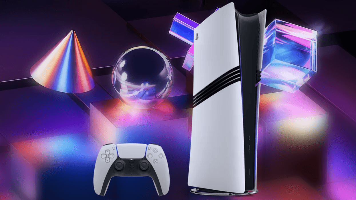 a playstation 5 pro console with the ray tracing lighting effect demo in the background