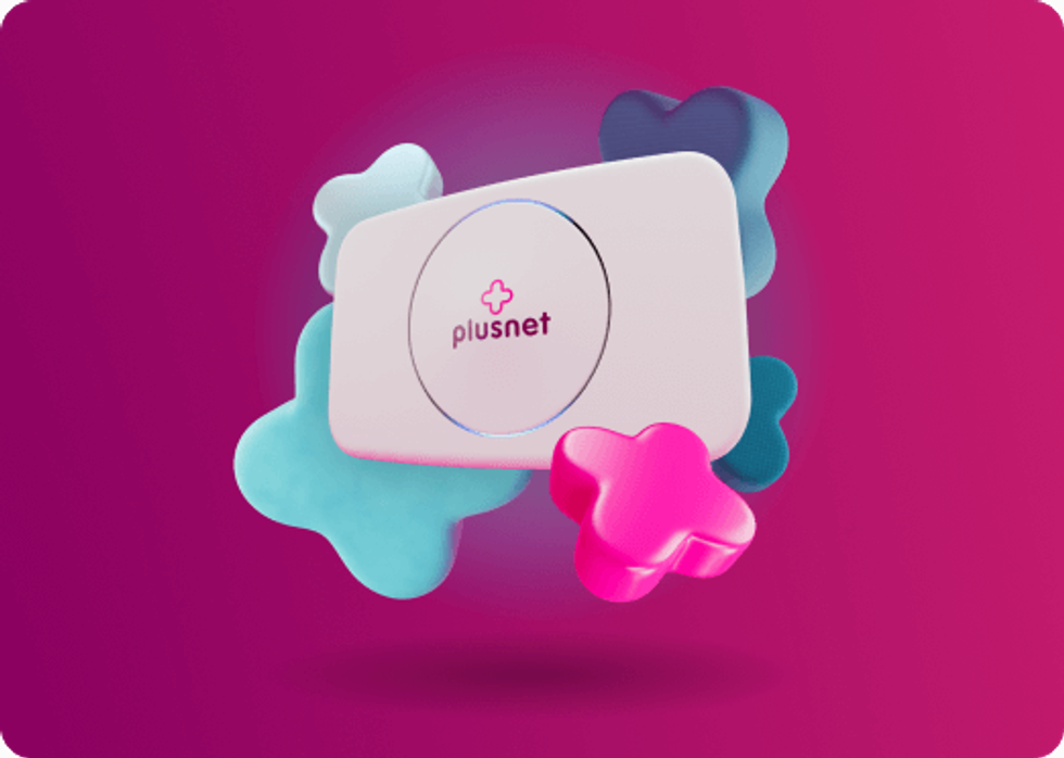 A plusnet branded router can be seen floating on a pink background