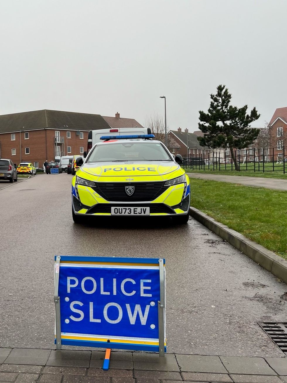 A police car at the scene near an apartment block on Santa Cruz Avenue in Newton Leys, near Bletchley, Buckinghamshire