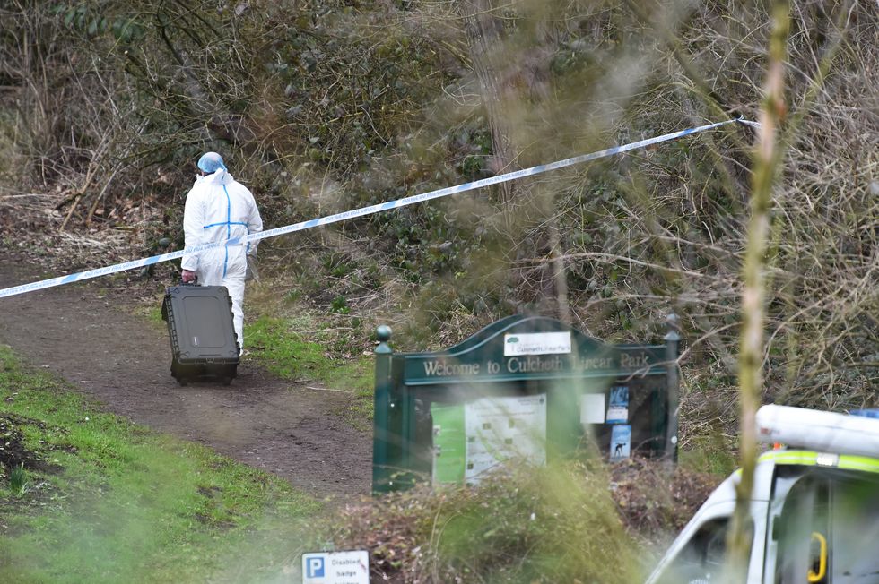 A police forensic officer at the scene in Culcheth Linear Park in Warrington, Cheshire after a teenage girl was found dead in the park with serious injuries. Cheshire Constabulary said officers were called to the park at around 3.13pm on Saturday following reports about the girl. Emergency services attended but the teenager was pronounced dead at the scene. Picture date: Sunday February 12, 2023.