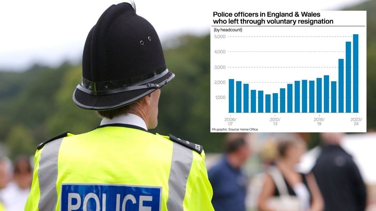 A police officer and graph of police officers in England and Wales who left through voluntary resignation