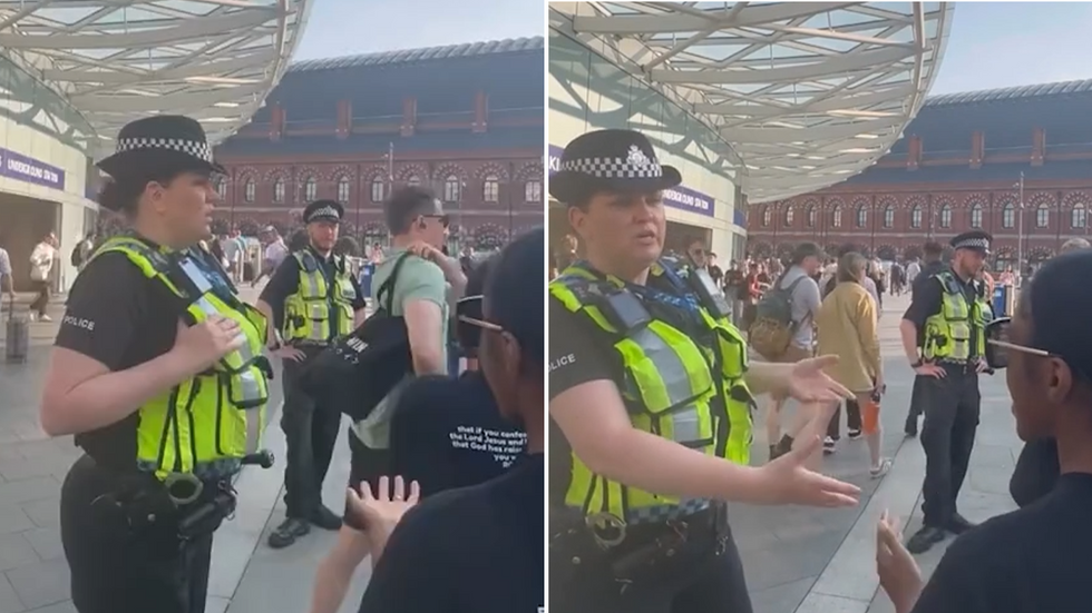 A police officer attempts to shut down a group of preachers