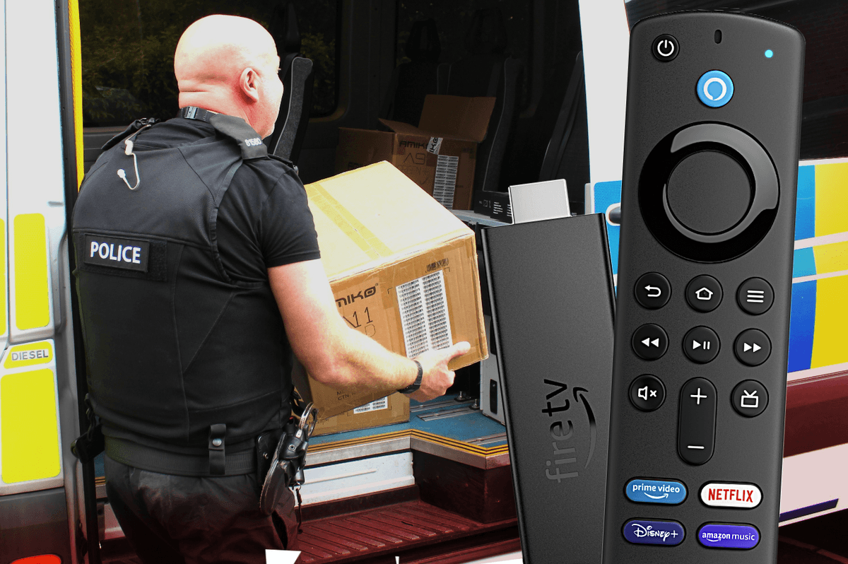a police officer carries a box of confiscated IPTV streaming boxes with an insert of the Fire TV Stick 4K
