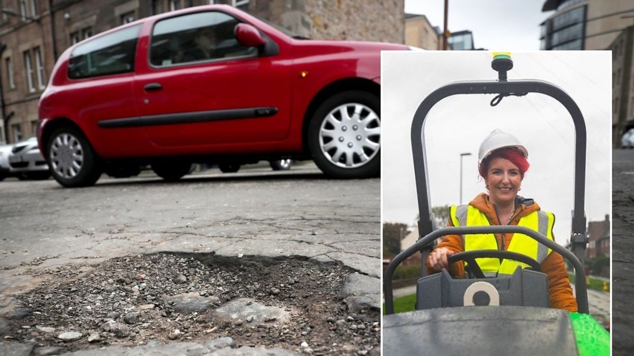 A pothole and Louise Haigh repairing roads