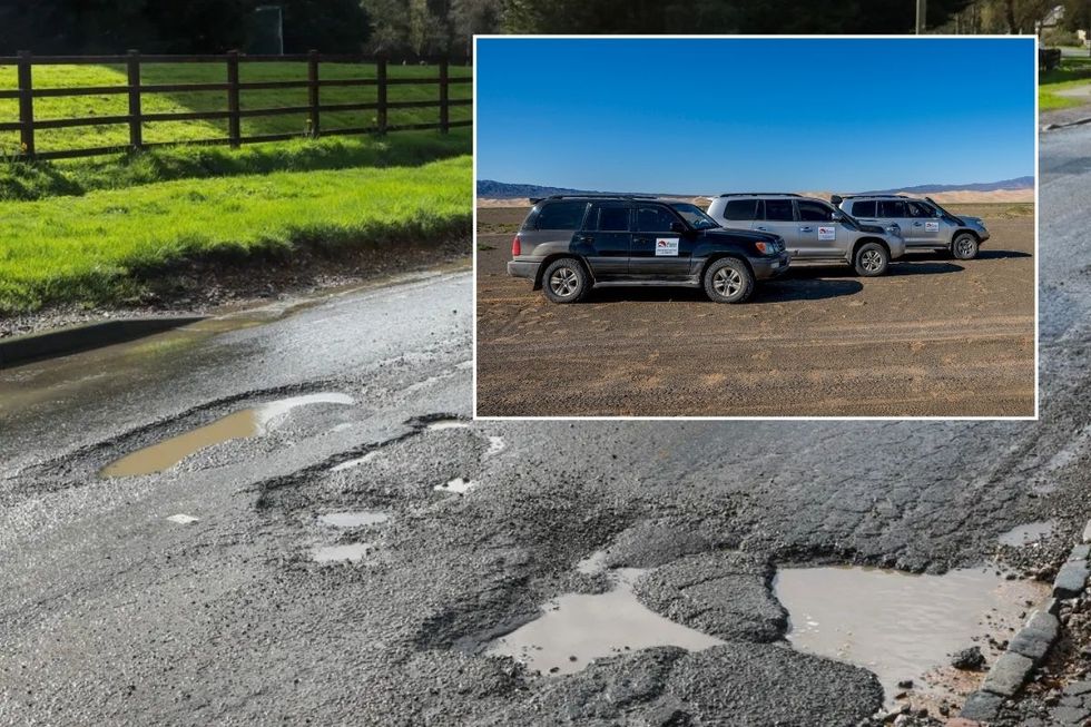 A pothole-filled road in England and cars parked in the Gobi Desert in Mongolia