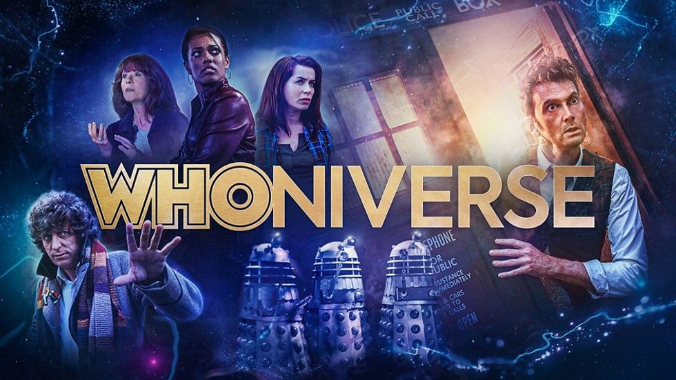 a promotional image for the whoniverse with david tennant and darleks featured
