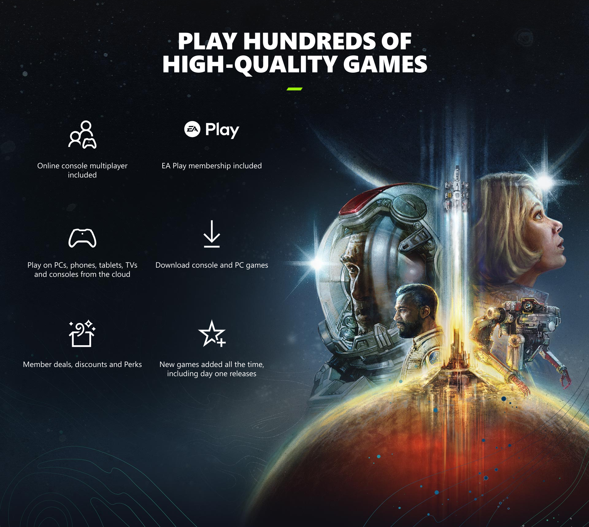 a promotional poster for xbox game pass that outlines many of the benefits included in the subscription plan