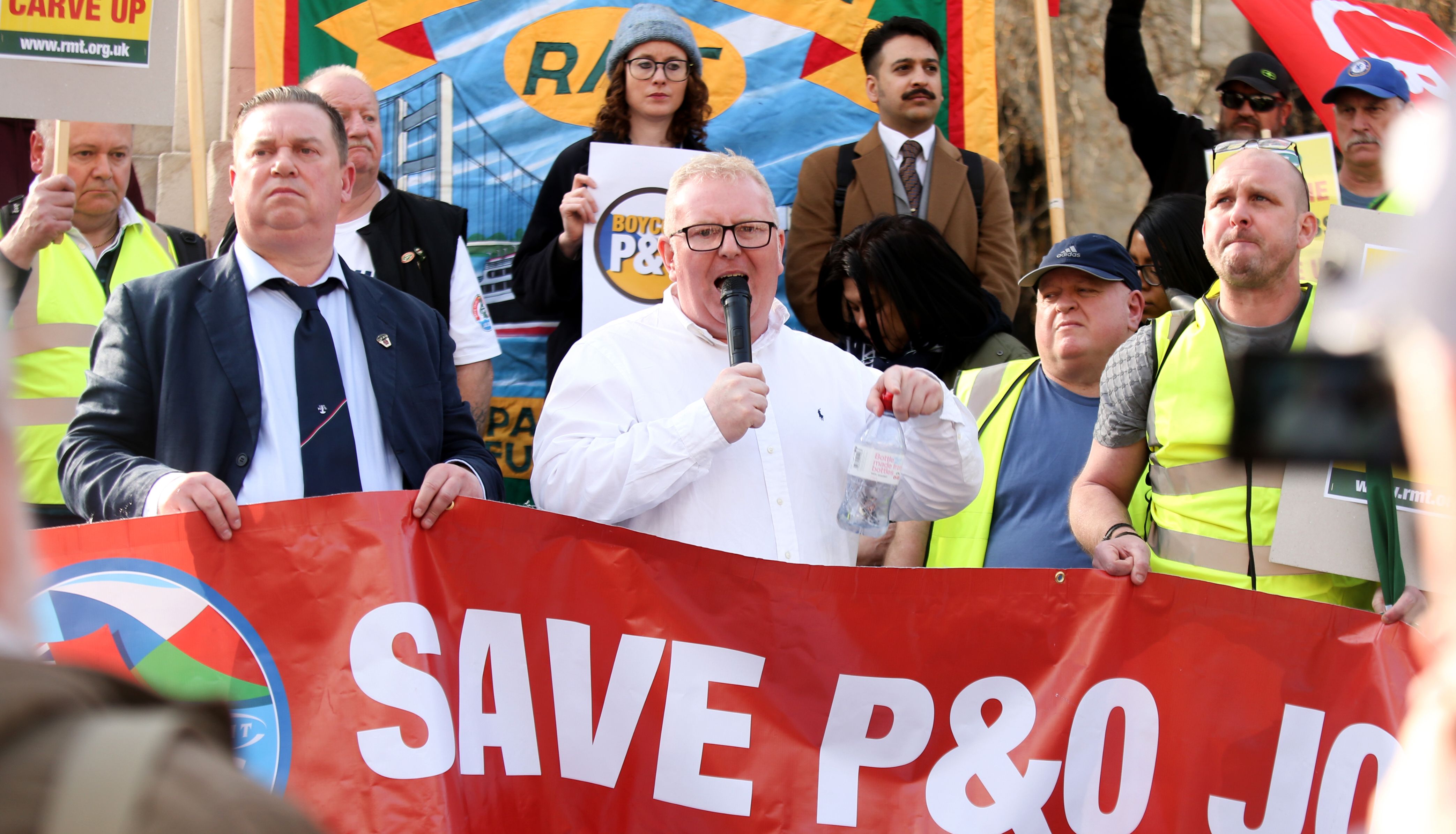 A protest by unions outside the Houses of Parliament, London, over P&O Ferries handing 800 seafarers immediate severance notices last week.