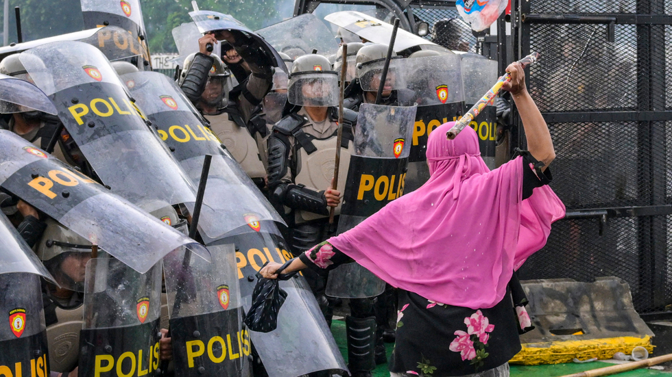 A protester clashes with police