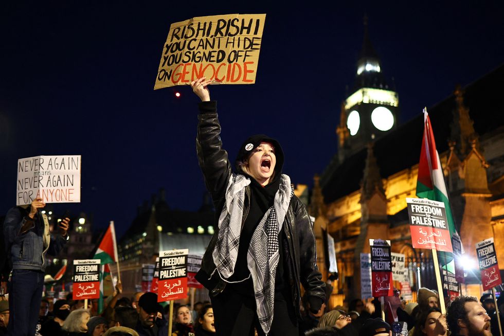 A protester holds a placard and chants slogans during a rally in support of Palestinians