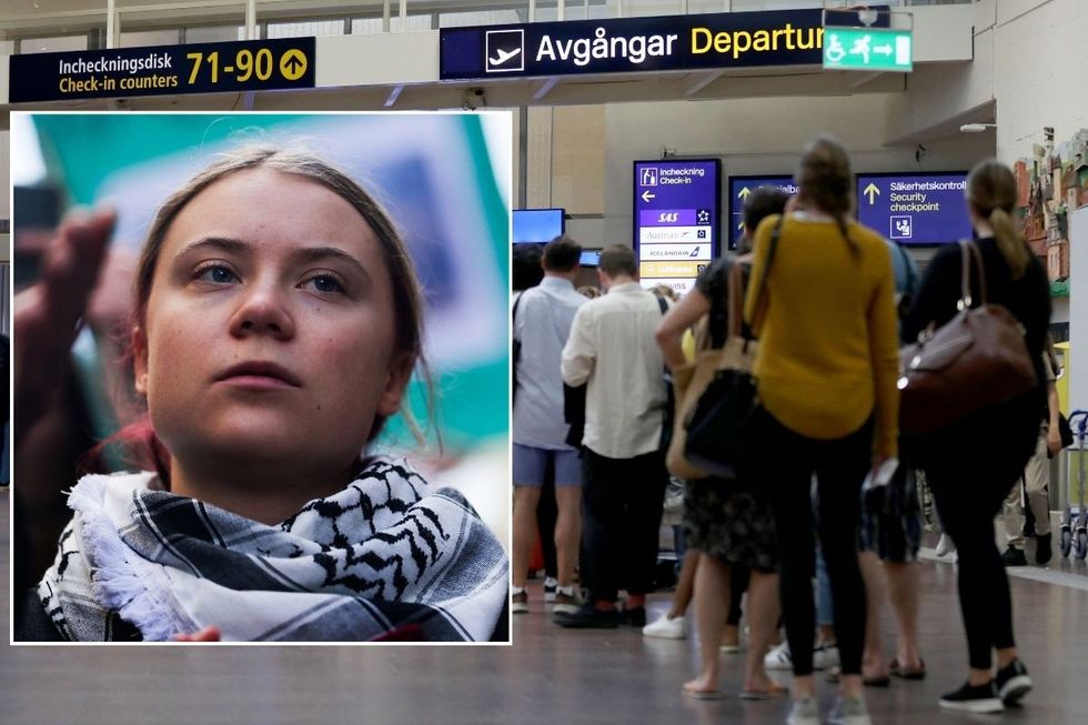 A queue gathering at a Swedish airport with an inset of Greta Thunberg