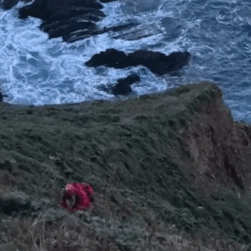 A rescuer scrambles down a cliff face after the vehicle fell from Highway 1