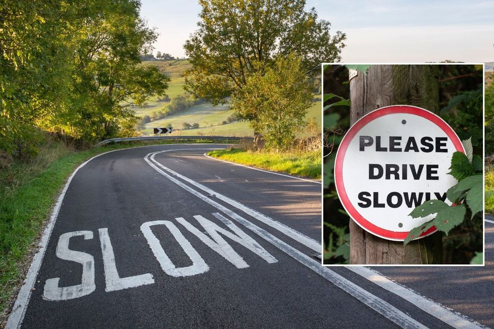 A rural road and a 'please drive slowly' sign