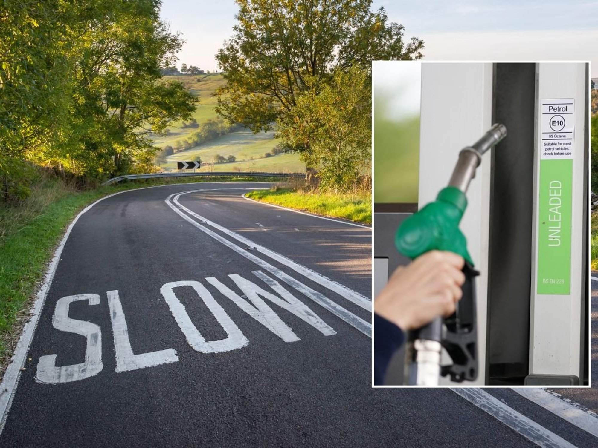A rural road with a slow speed warning, and a petrol pump