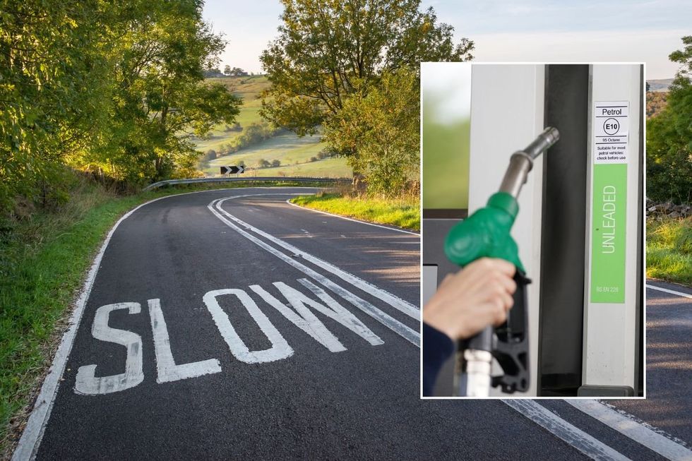 A rural road with a slow speed warning, and a petrol pump