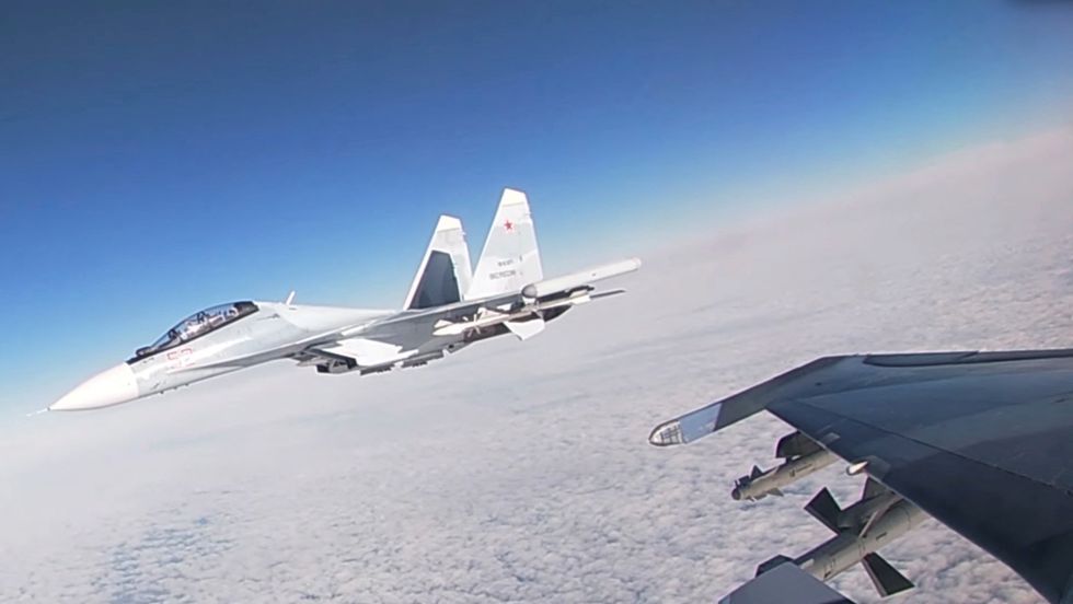 A Russian Su-30SM jet fighter flies during joint military exercises with Belarusian Air Forces in Belarusian air space, in this still image taken from a handout video released February 14, 2022. Russian Defence Ministry/Handout via REUTERS ATTENTION EDITORS - THIS IMAGE HAS BEEN SUPPLIED BY A THIRD PARTY. MANDATORY CREDIT. NO RESALES. NO ARCHIVES.