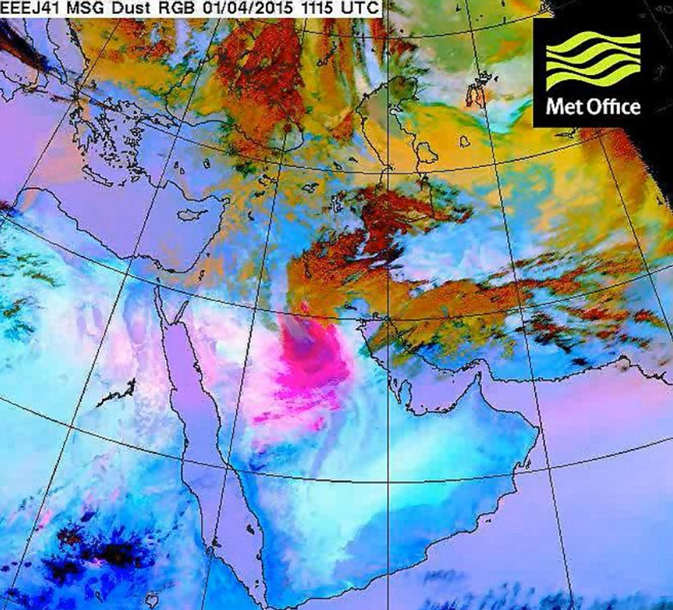 A satellite image showing a dust storm (the vivid pink colours) over Saudi Arabia in 2015