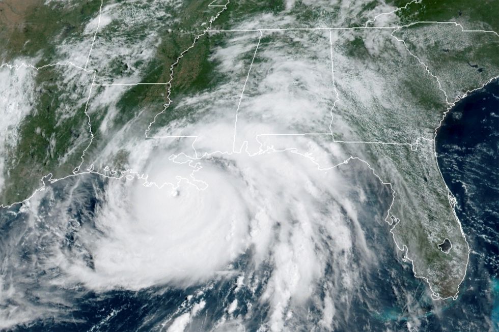 A satellite image shows Hurricane Ida in the Gulf of Mexico and approaching the coast of Louisiana, U.S.