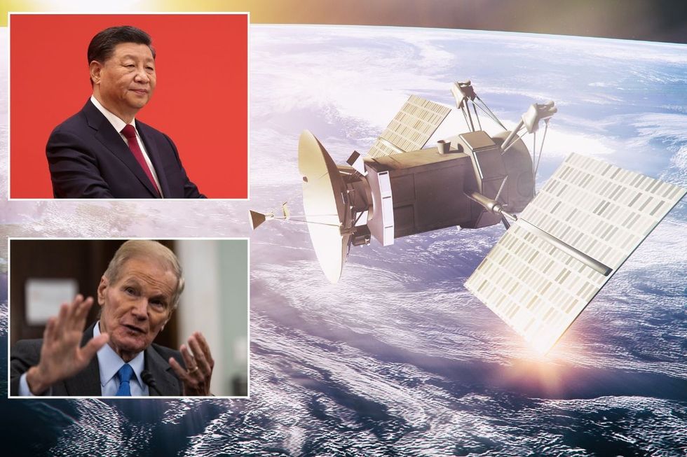 A satellite with insets of Xi Jinping and Bill Nelson