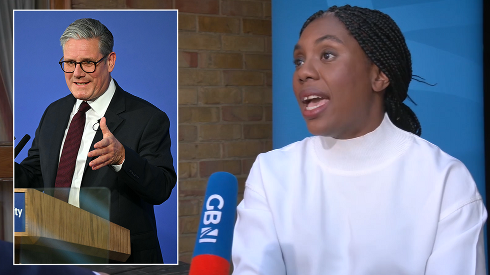 A screengrab of a Kemi Badenoch interview on GB News with an inset of Keir Starmer speaking at a conference