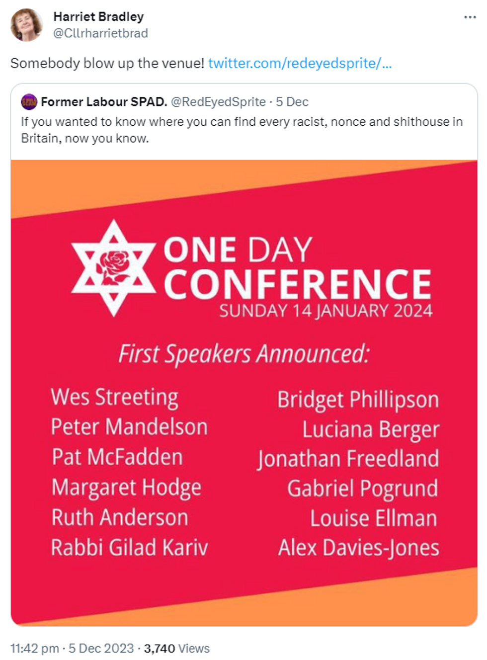 A screengrab of Harriet Bradley's since deleted post