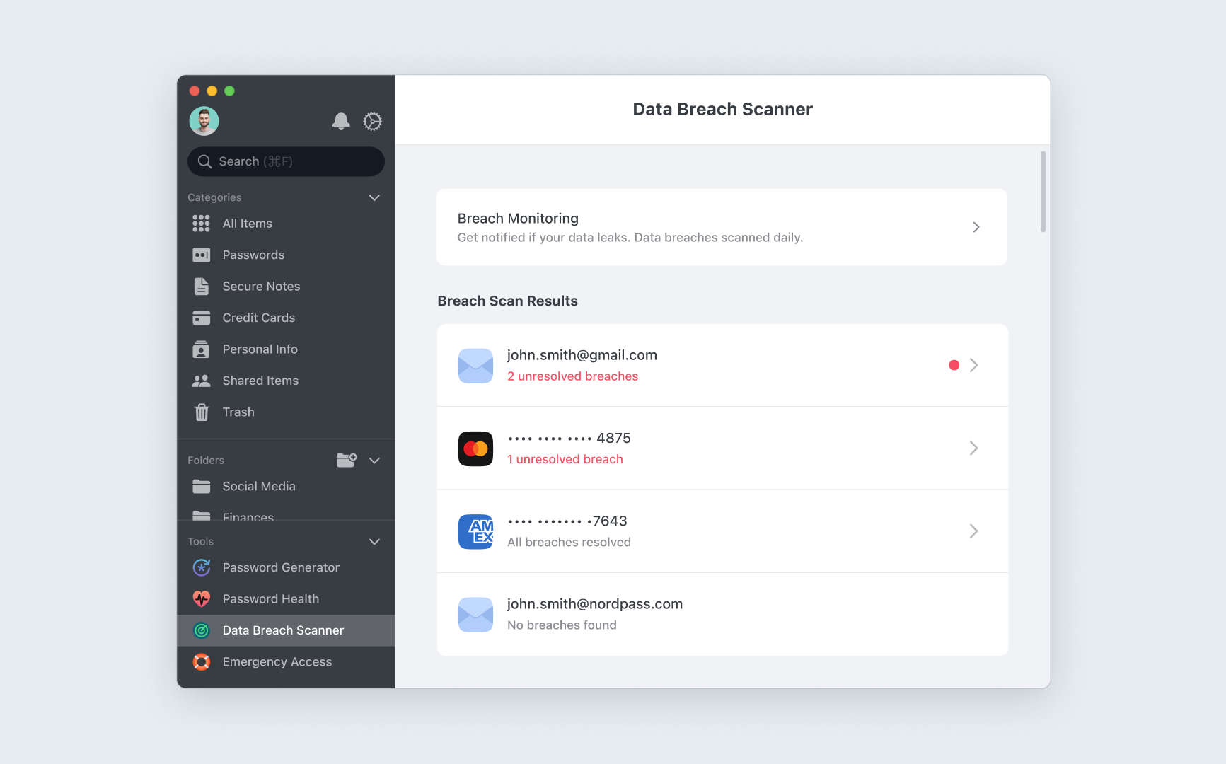 a screenshot from nordpass showing the dark web monitoring