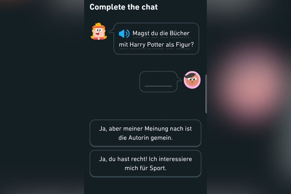 A screenshot of DuoLingo's jibe at JK Rowling