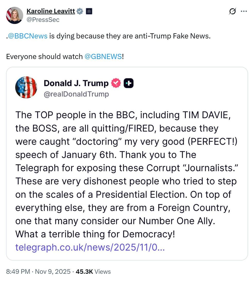 A screenshot of Karoline Leavitt's X post