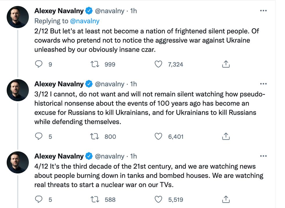 A screenshot of Navalny's tweets