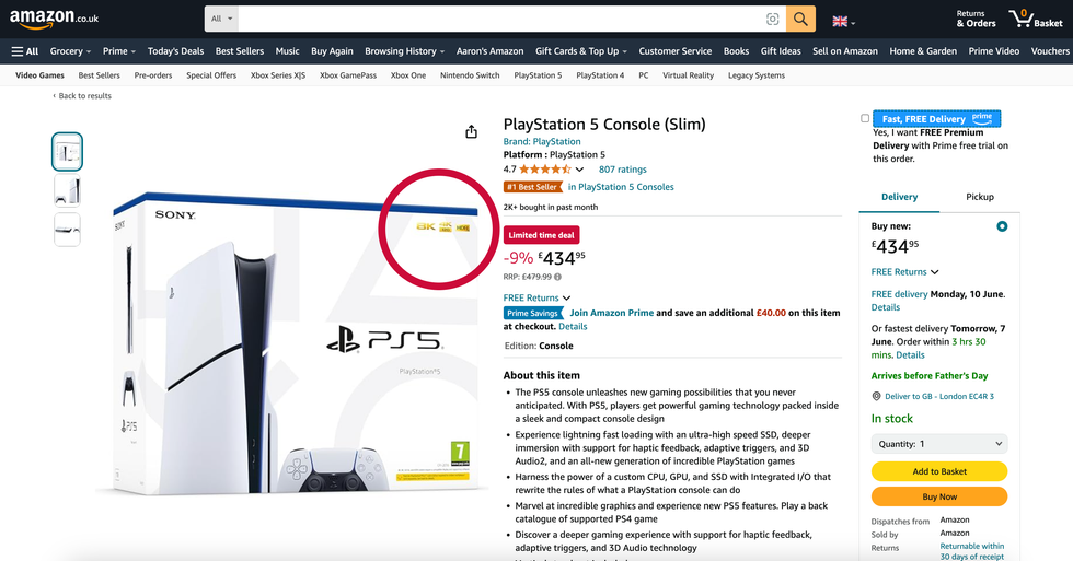 a screenshot of the amazon uk listing of the sony ps5 console