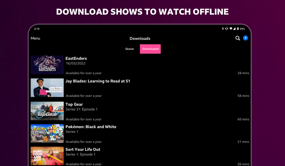 a screenshot of the android app of bbc iplayer that still offers offline viewing