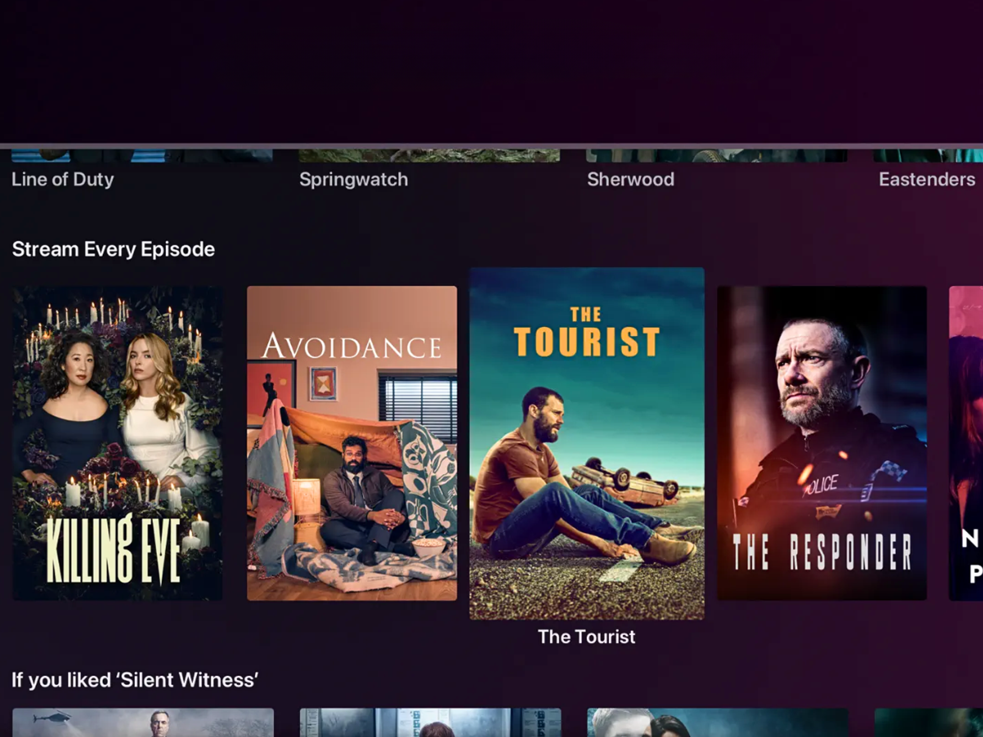 a screenshot of the bbc iplayer app on-screen showing the boxsets available to watch and download