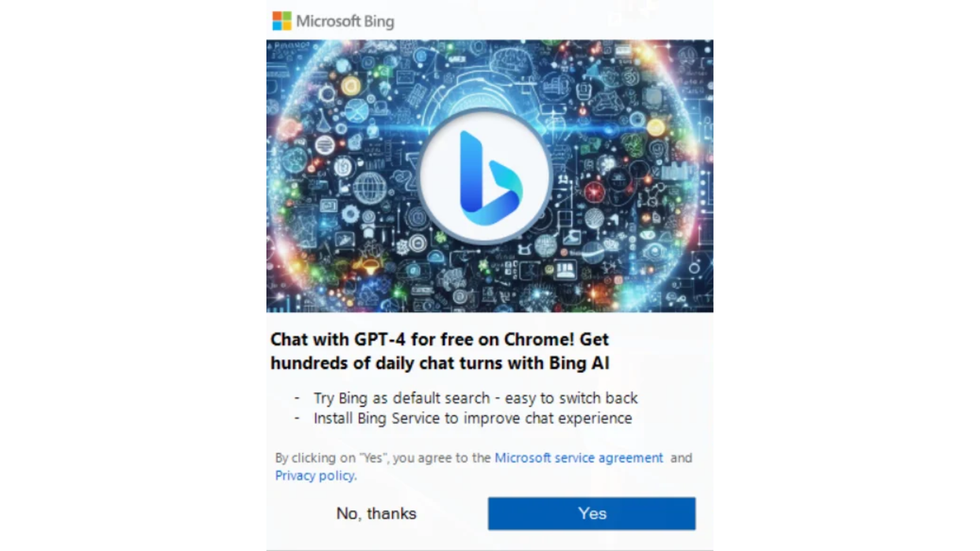 a screenshot of the bing advertisement appearing in google chrome on windows 10 and windows 11
