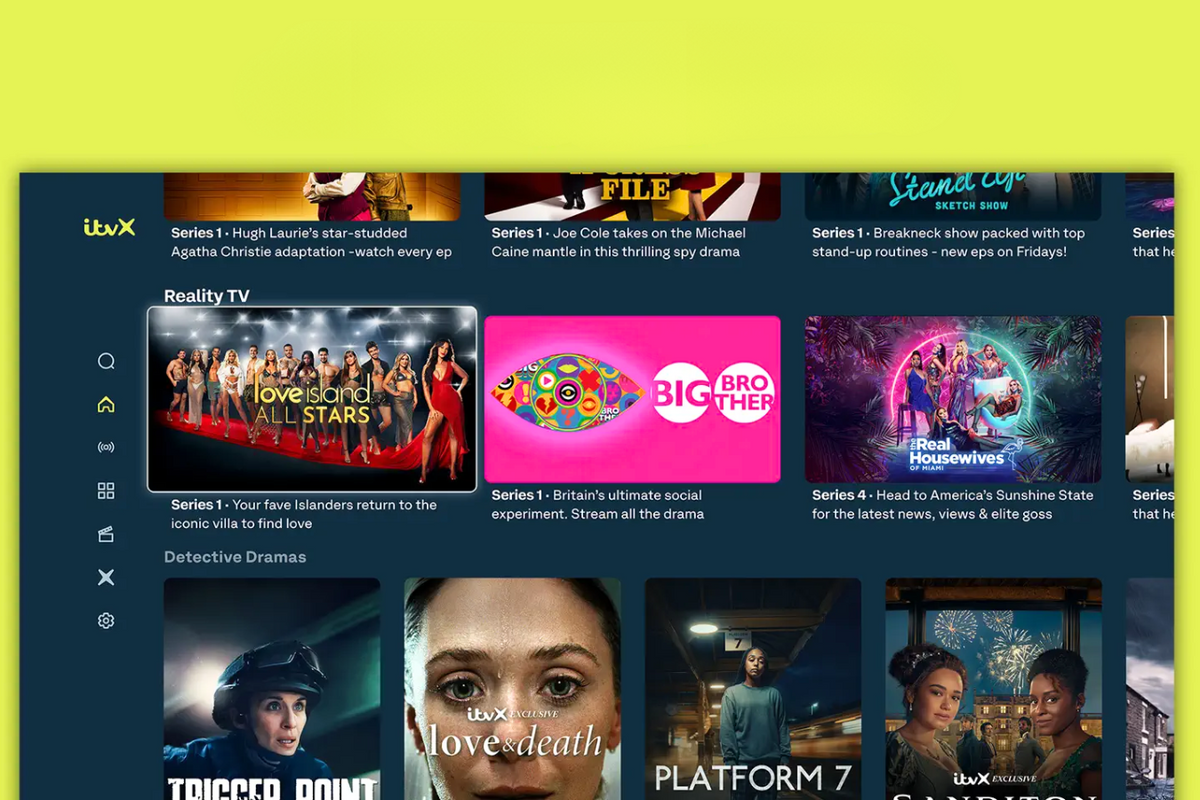 a screenshot of the ITVX interface with artwork for a number of exclusive shows including love and death, trigger point, and love island all stars 