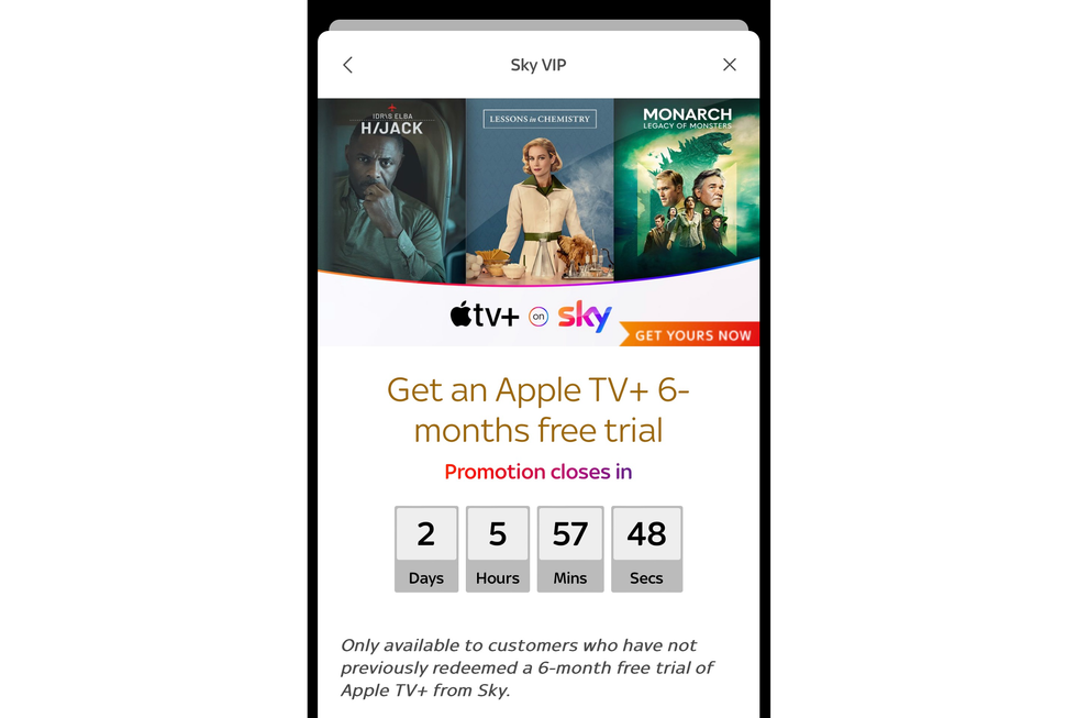 a screenshot of the mysky app showing the free trial for apple tv plus