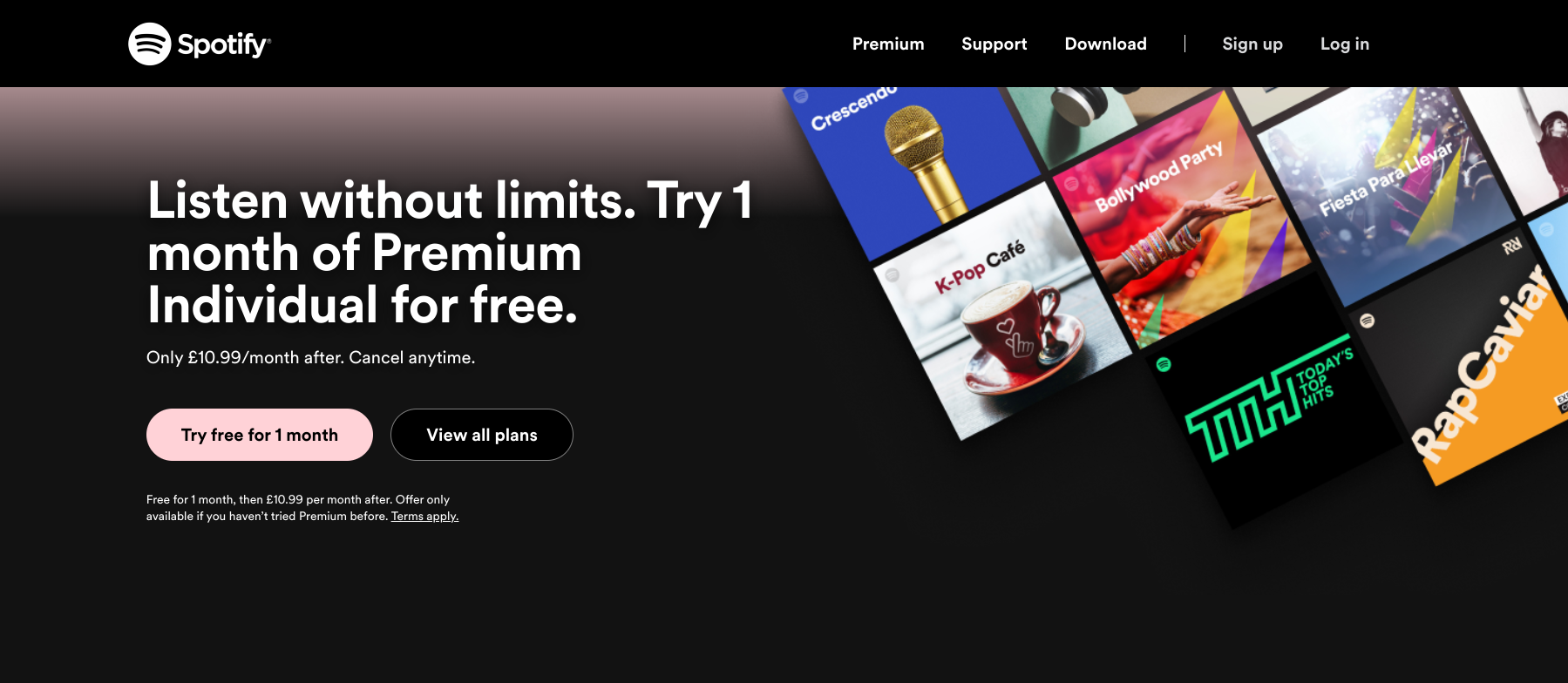 a screenshot of the spotify website advertising its one month free trial for premium subscriptions