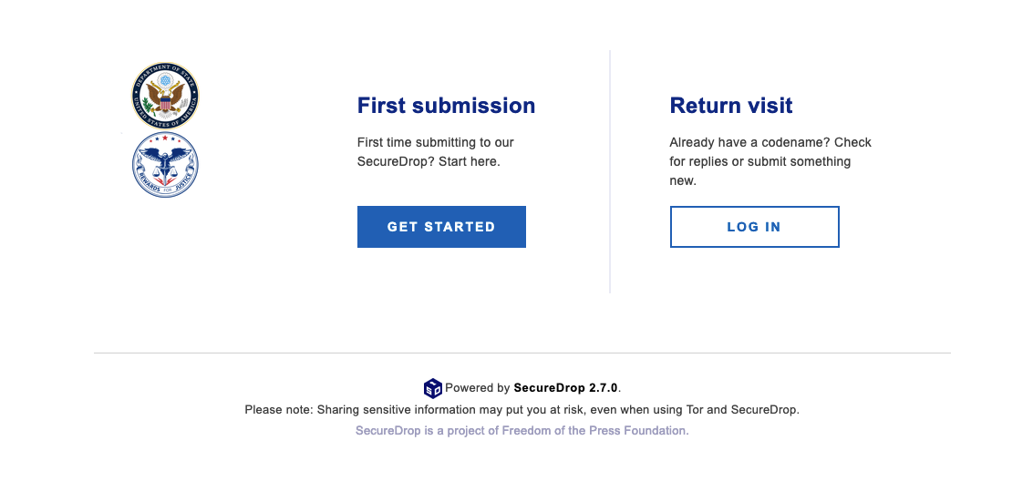a screenshot of the Tor secure file drop system established by the US department of state