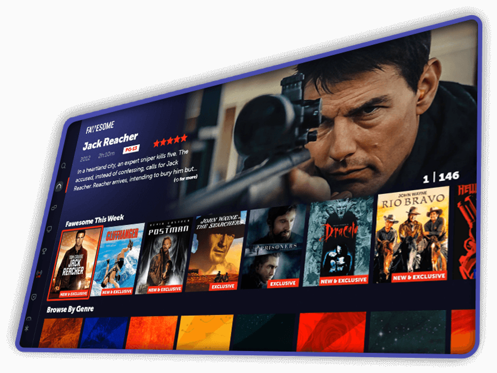 a screenshot of tom cruise hit jack reacher showing on screen ready to watch on fawesome streaming service on roku and fire tv