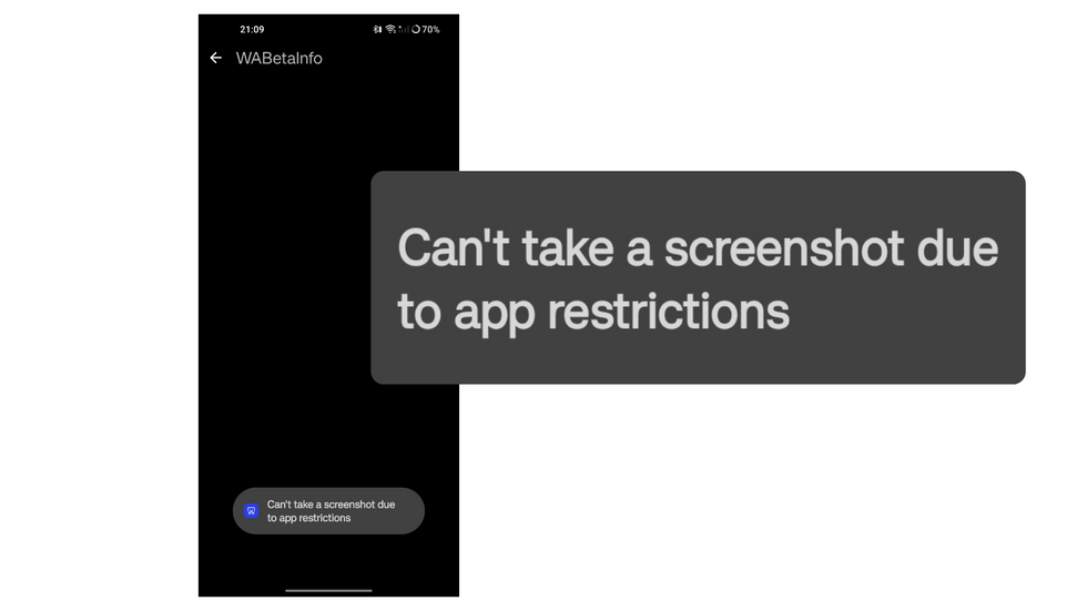 a screenshot that shows the black screen and warning message that appears when trying to take a screenshot of a profile picture in the new whatsapp update
