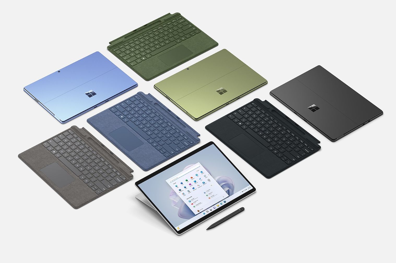 a selection of colours available for the surface pro 10 and keyboard covers