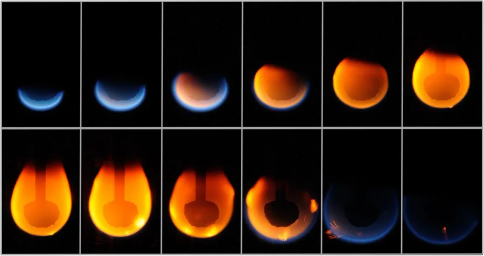 A series of images from the International Space Station showing how flames behave in zero gravity