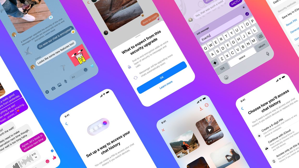 a series of screenshots from Facebook's Messenger service on a colourful background, showing a number of key moments from the end-to-end encryption process