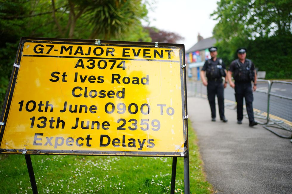 A sign advising drivers of road closures in Carbis Bay ahead of the G7 summit in Cornwall.