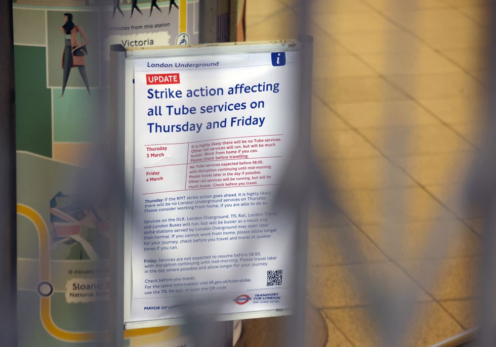 A sign during a strike by members of the Rail, Maritime and Transport union (RMT)